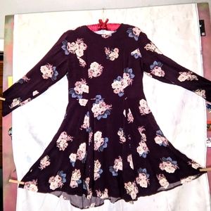 Long sleeve, dark purple & floral dress